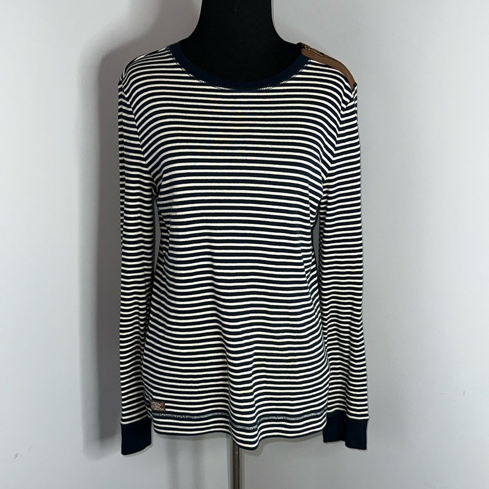 Ralph Lauren Shirt Elbow Patch Womens Medium Blue Striped Long Sleeve Top